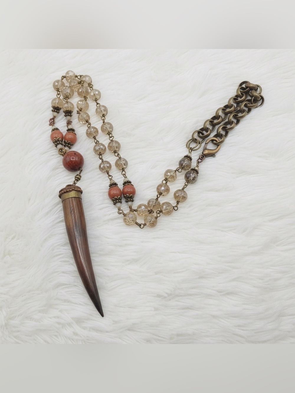 Vintage Horn Pendant Necklace, 30-31” Long Beaded Necklace Boho Tribal Statement